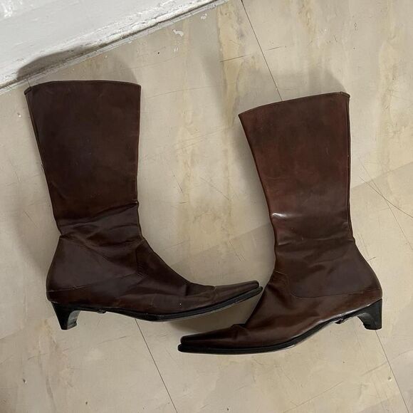 Vintage brown leather pointed boots kitten heel Narrow - Picture 2 of 4